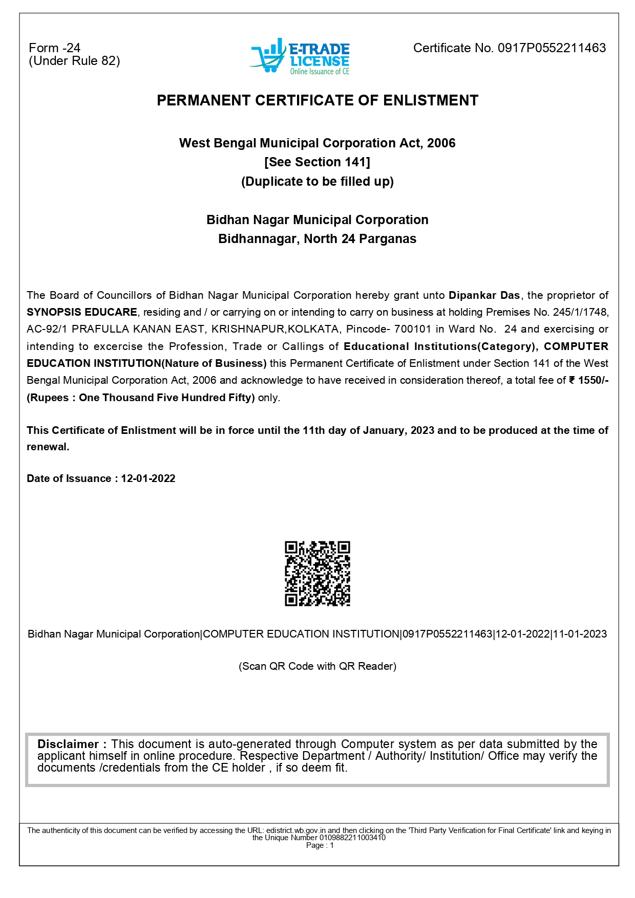 Certification Display of Synopsis Educare - Distance B.Ed/D.Ed/B.P.Ed/LL.B Course in Kolkata