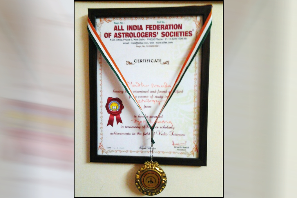 Certificate of Acharya Madhu Vastu Consultant and Astrologer