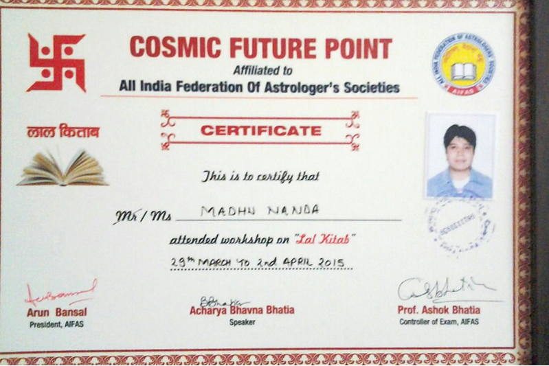 Certificate of Acharya Madhu Vastu Consultant and Astrologer